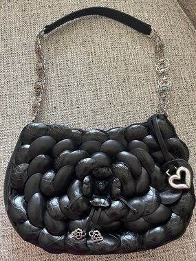 Brighton Black Braided Shoulder Bag with Silver Chain & Heart Charm